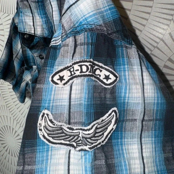 Harley Davidson Garage Snap Button Plaid Shirt Short Sleeve‎ HDMC Blue XL Slim - Picture 4 of 7